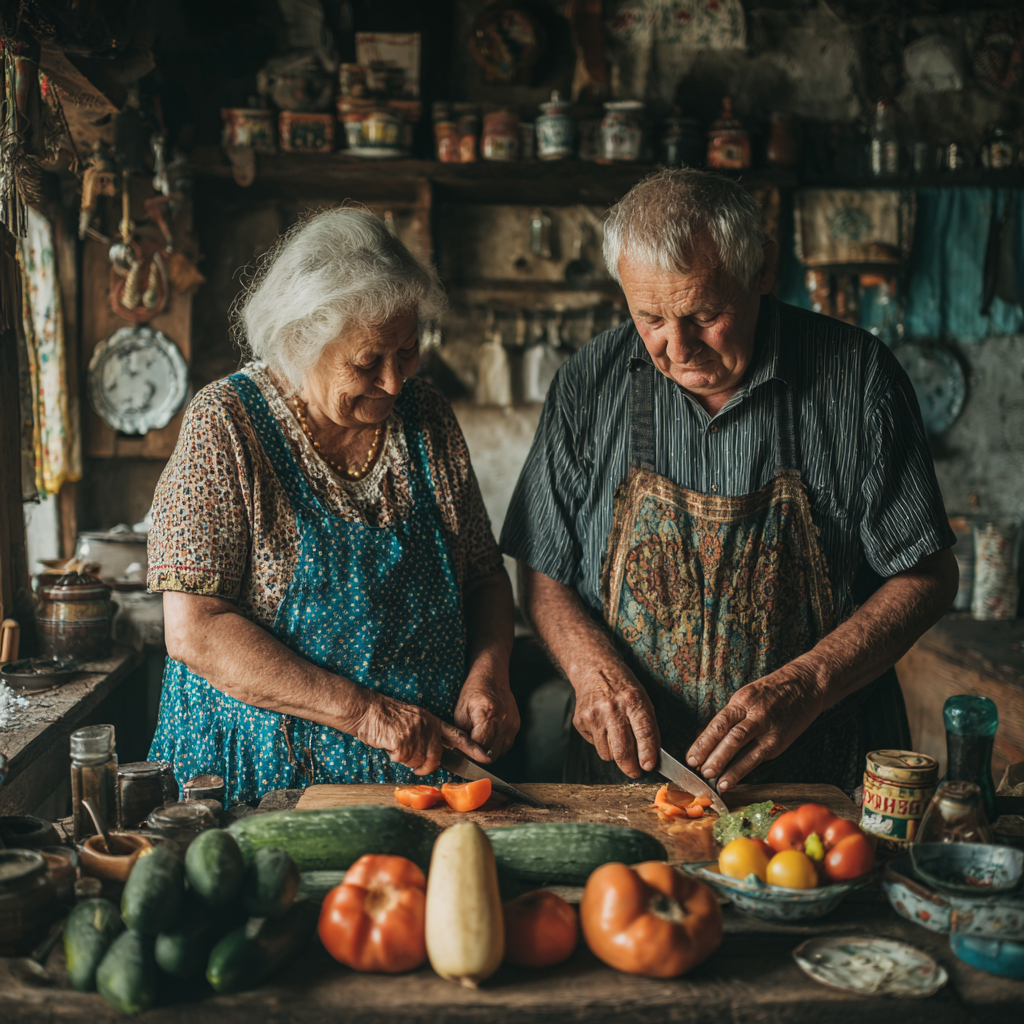 Senior Ukrainian man with glasses reading nutrition information on healthy food packages in grocery store