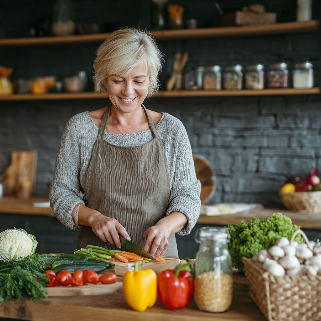 Ukrainian family of different ages sharing healthy meal together at wooden dining table, smiling and enjoying conversation